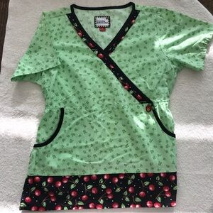 Mary Engelbreit Scrubs Uniform Top Women Size S Short Sleeve Mock Wrap Cherries